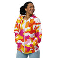 Eco-Friendly Retro Waves Psychedelic Zip Hoodie in vibrant colors for women.