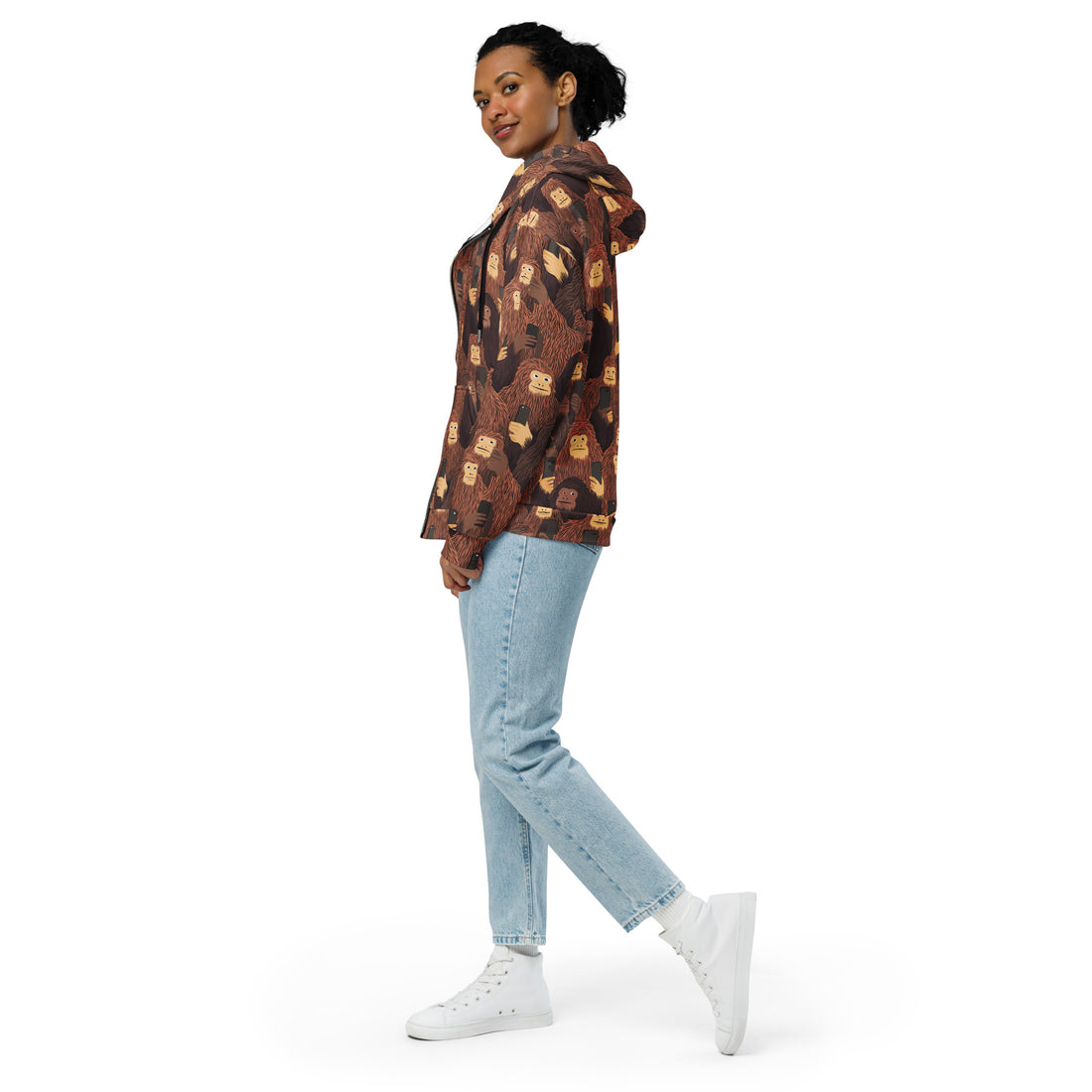 Halloween-themed zip hoodie featuring playful furry creatures printed on a brown background, designed for women.