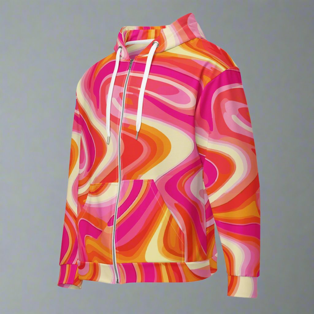 Psychedelic zip hoodie in vibrant pink and orange swirls, eco-friendly fabric.