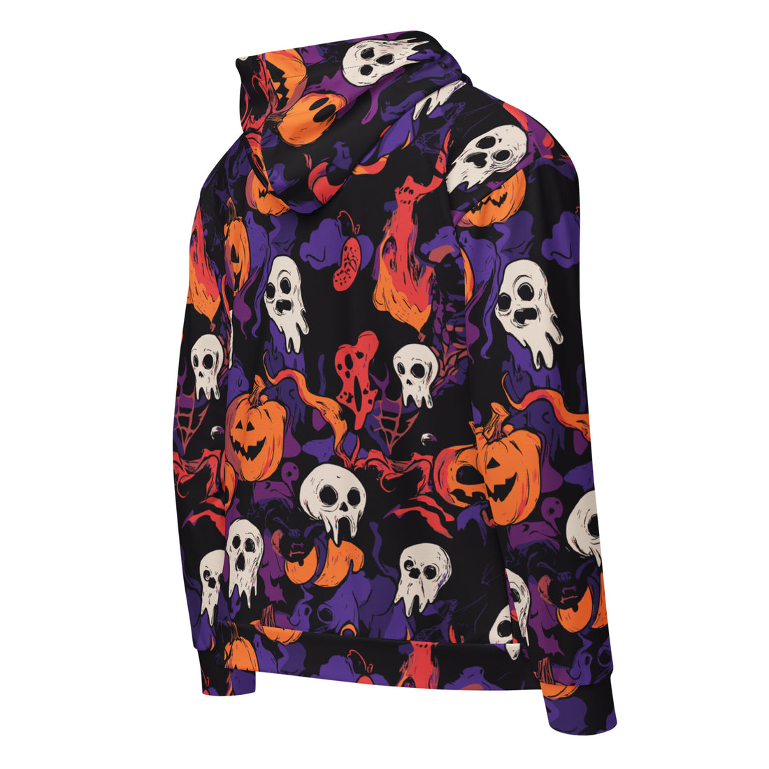 Halloween-themed zip hoodie featuring vibrant prints of skulls, pumpkins, and ghosts in bold colors.