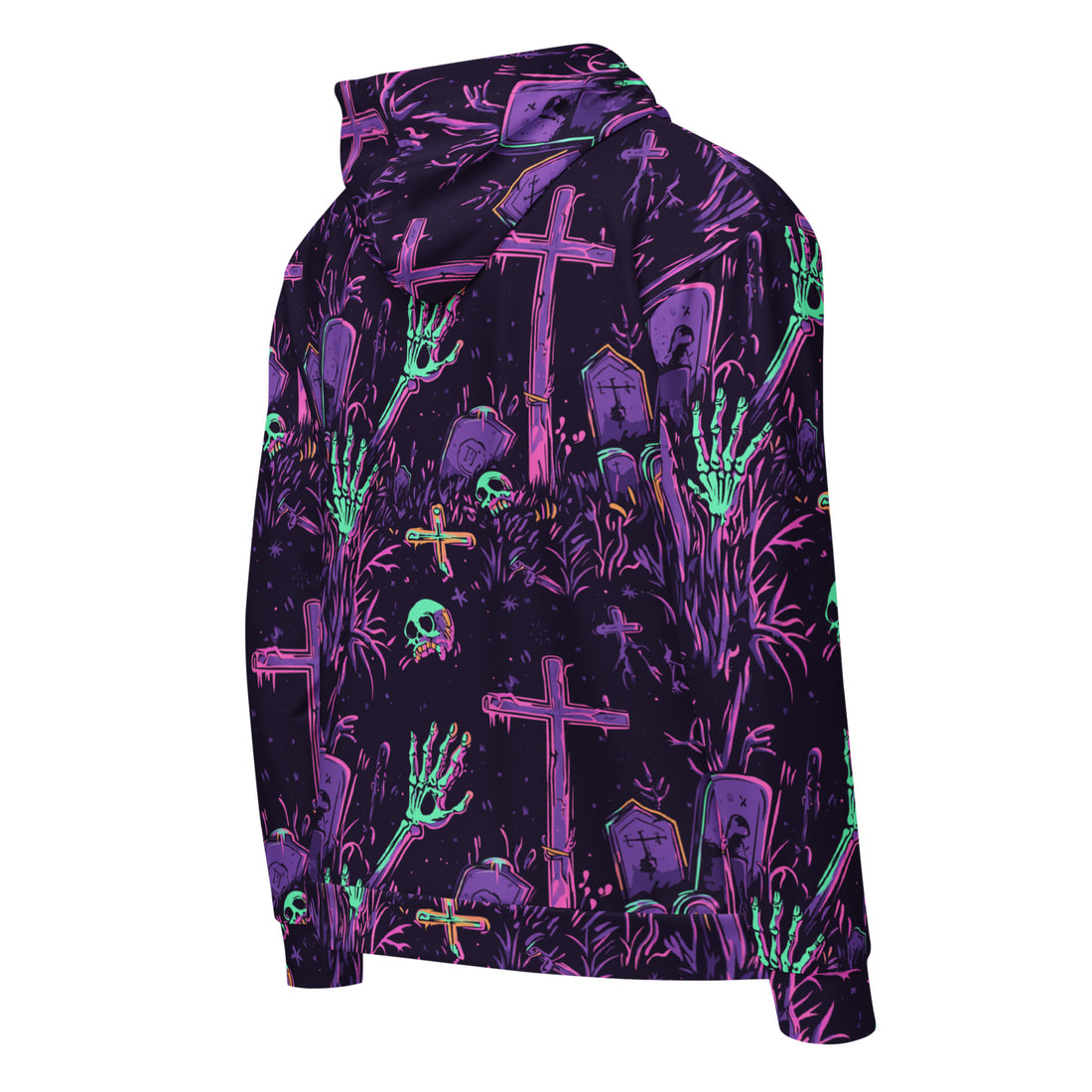 Halloween-themed zip hoodie for women featuring a spooky graveyard design with skulls and graves.