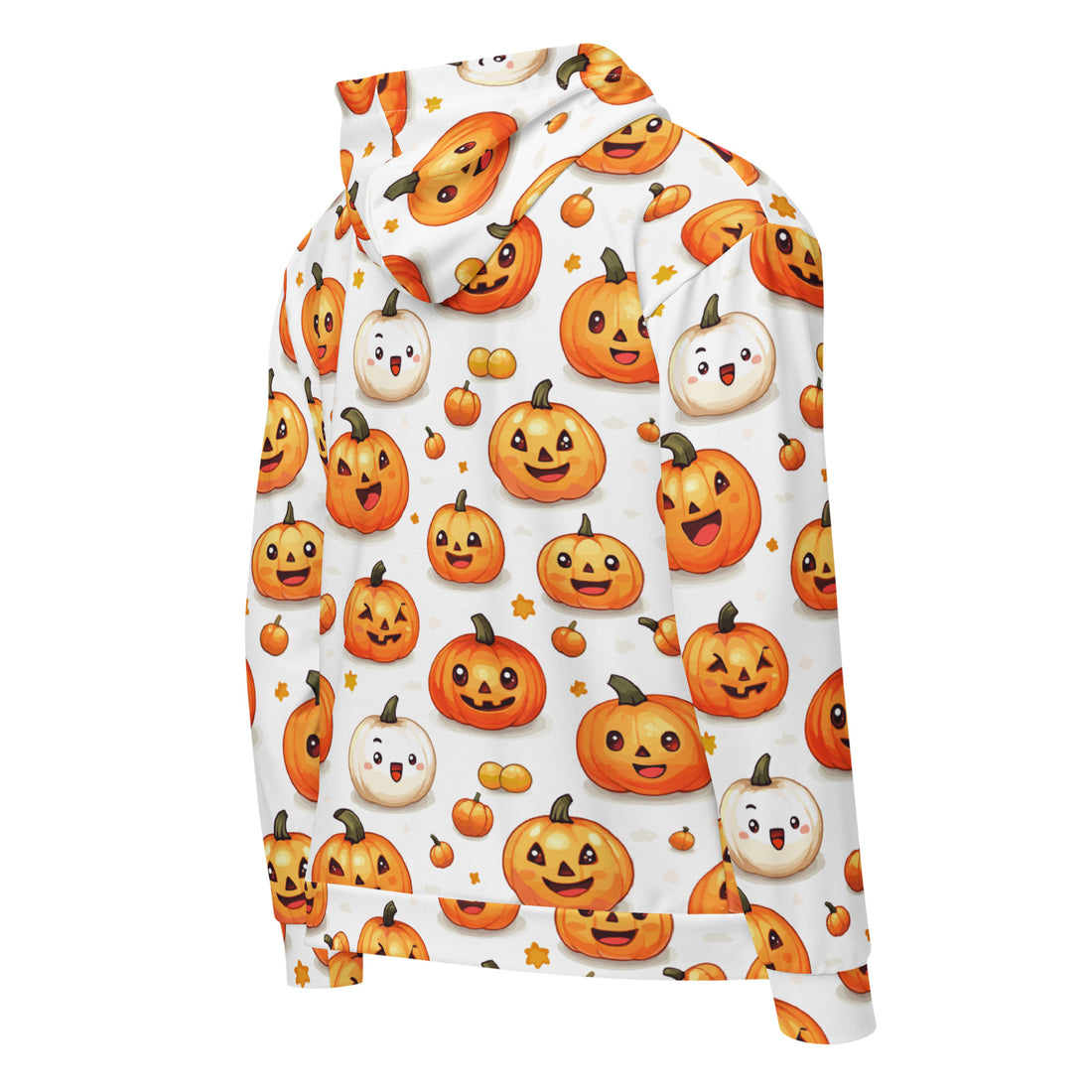 Playful zip hoodie with vibrant pumpkin pattern, perfect for Halloween.