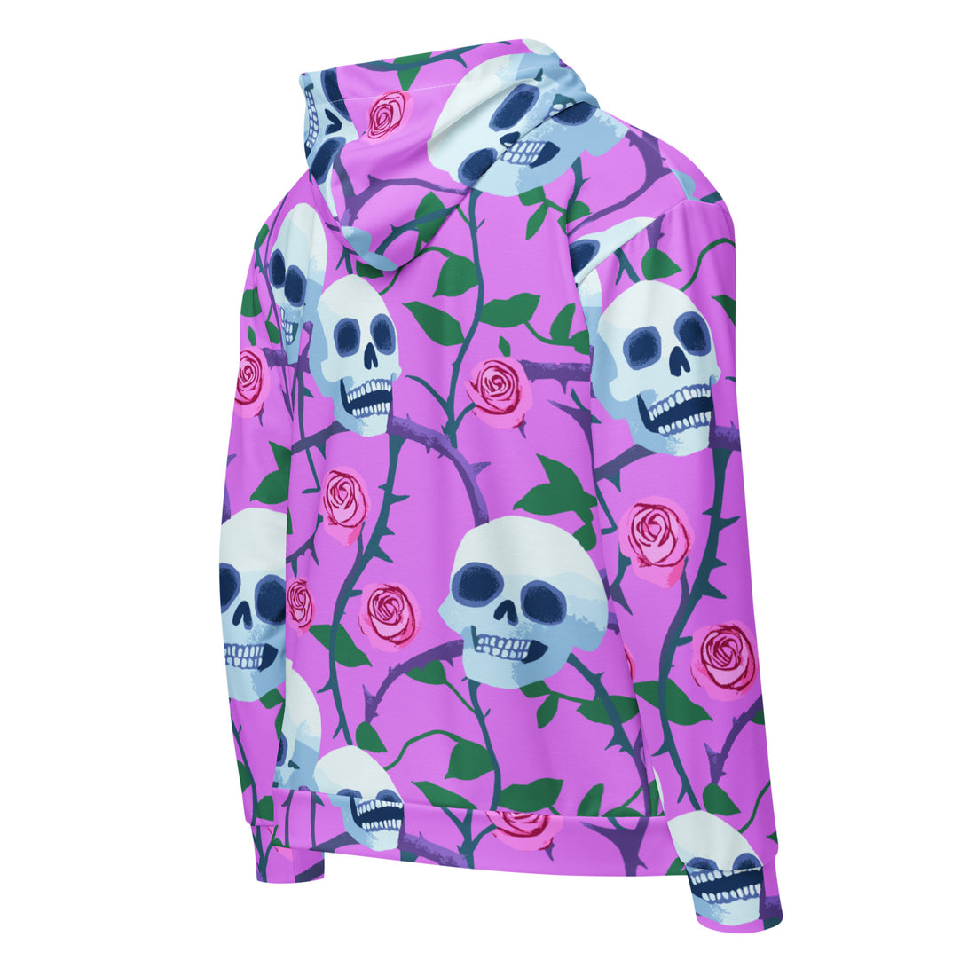 A vibrant purple zip hoodie with skull and rose pattern, designed for women, showcasing a casual and stylish look.