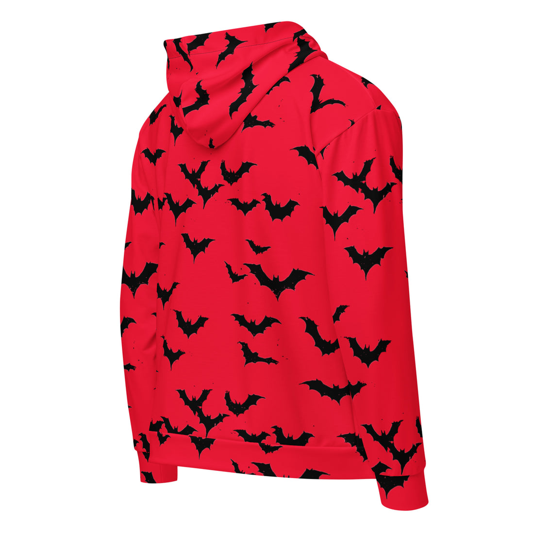 Red zip hoodie featuring black bats, perfect for Halloween season.