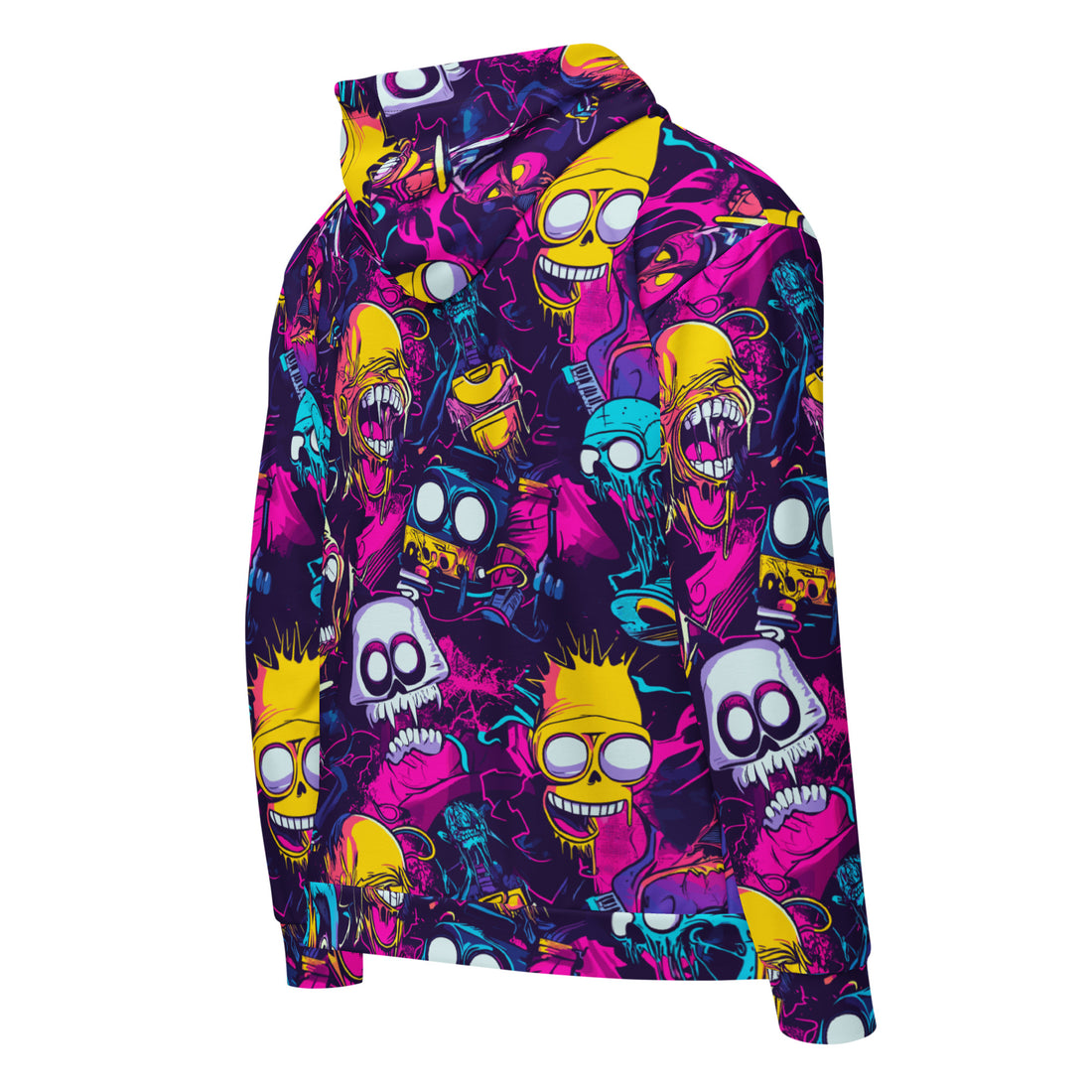 Vibrant Halloween zip hoodie for women with colorful skull designs on a black background.