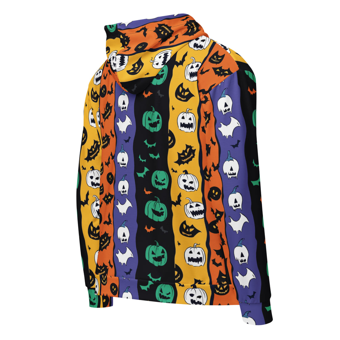 Colorful Halloween-themed zip hoodie featuring playful pumpkins, ghosts, and bats against a vibrant background.