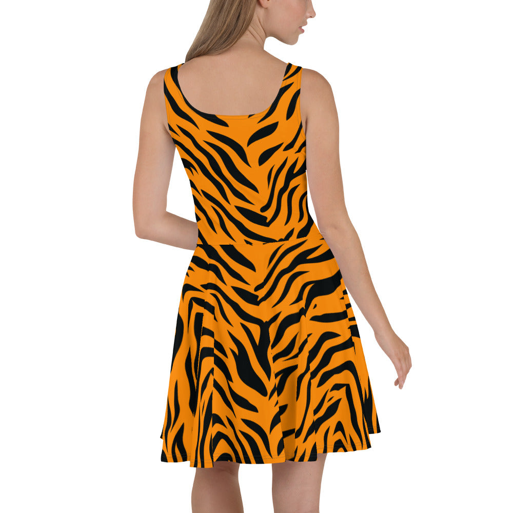 Vibrant orange and black tiger print sleeveless skater dress for women.