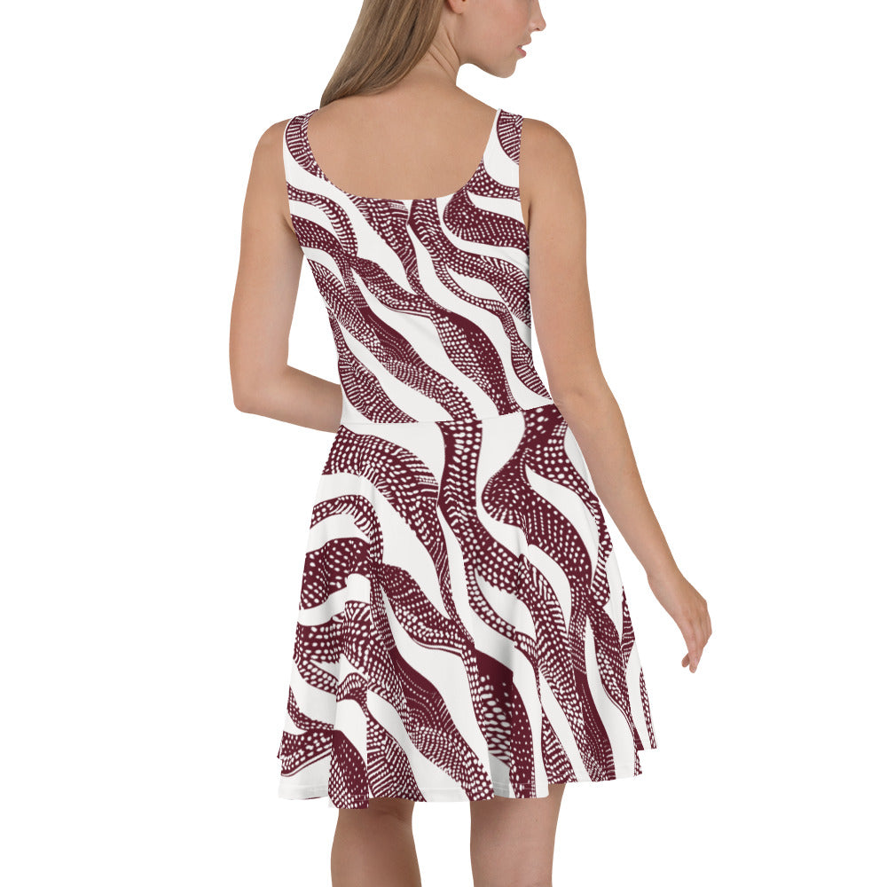 Chic Burgundy Wave Skater Dress featuring a bold wave pattern in burgundy on white