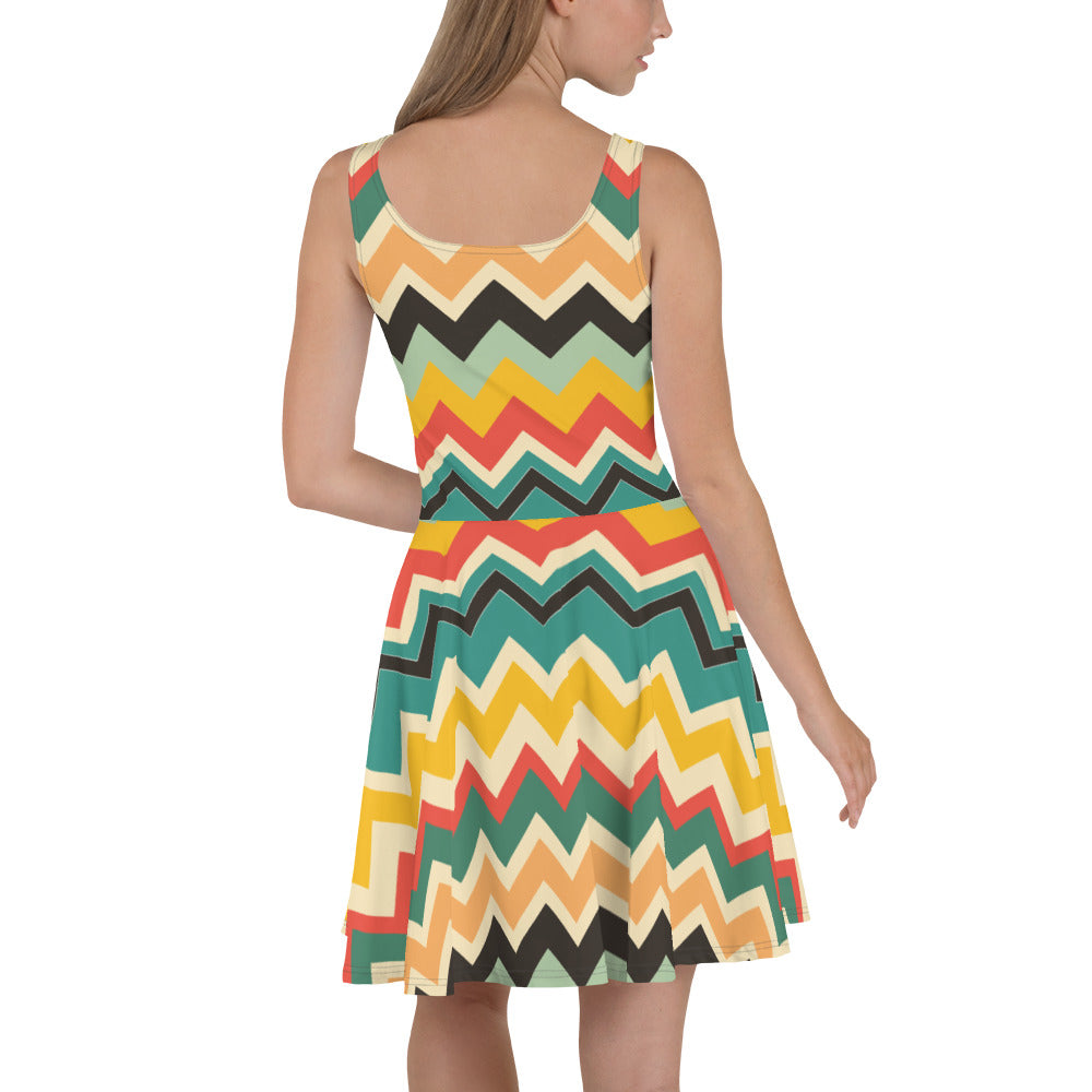 Womens chevron print sleeveless skater dress in vibrant colors.