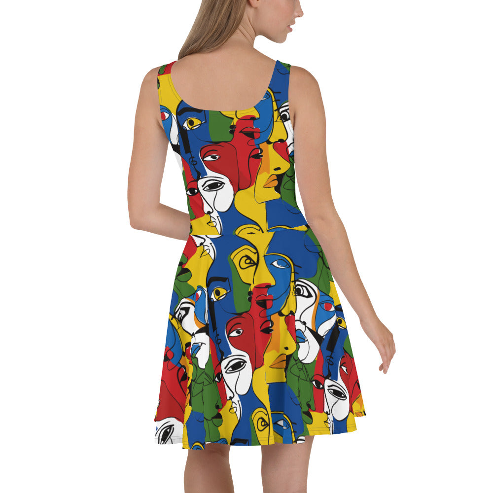 Sleeveless skater dress with colorful artistic faces print, featuring a flared skirt.