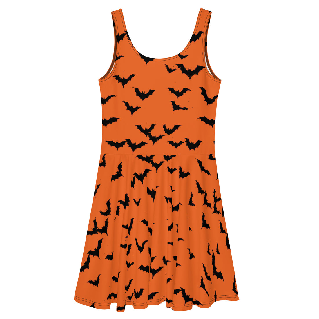 Orange Halloween skater dress with black bat print, sleeveless design.