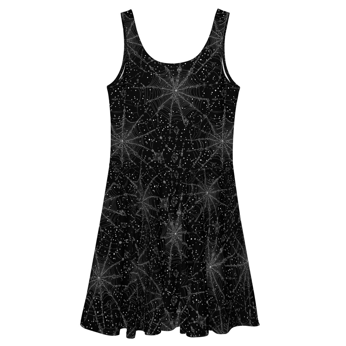 Black sleeveless skater dress with starburst pattern, perfect for Halloween.