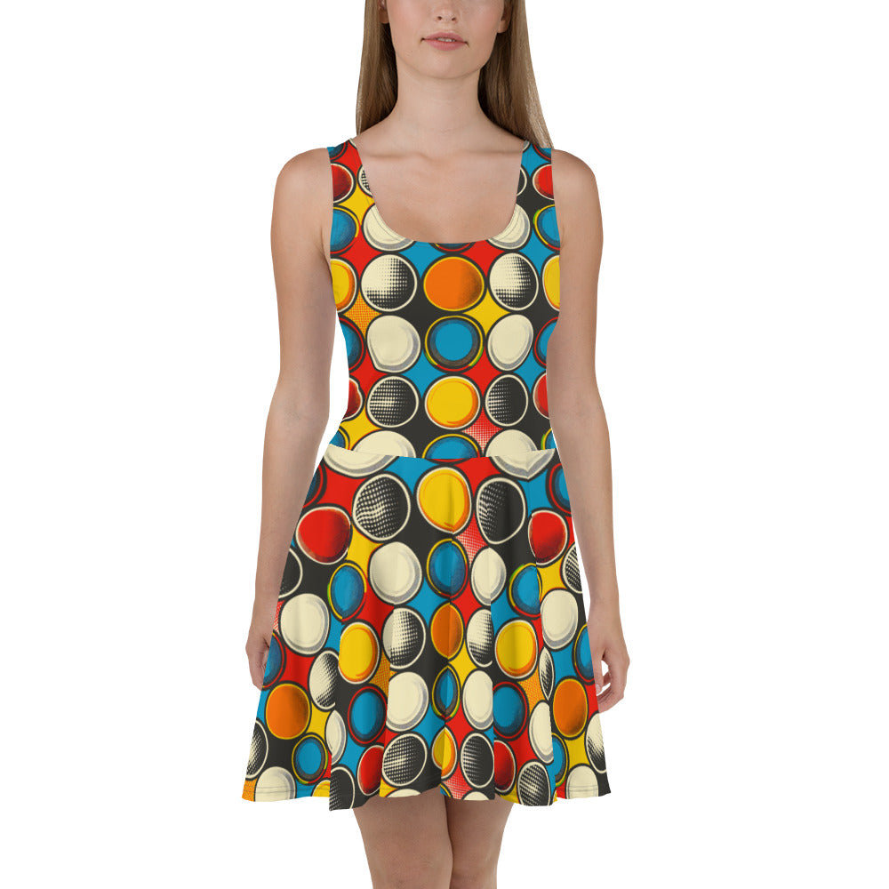 Colorful sleeveless skater dress featuring a vibrant polka dot pattern.