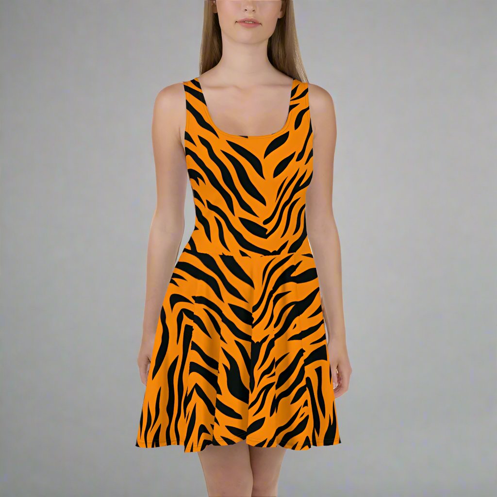 Vibrant orange and black tiger print sleeveless skater dress for women.