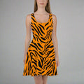 Vibrant orange and black tiger print sleeveless skater dress for women.