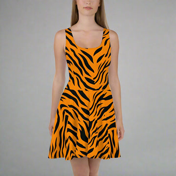 Vibrant orange and black tiger print sleeveless skater dress for women.