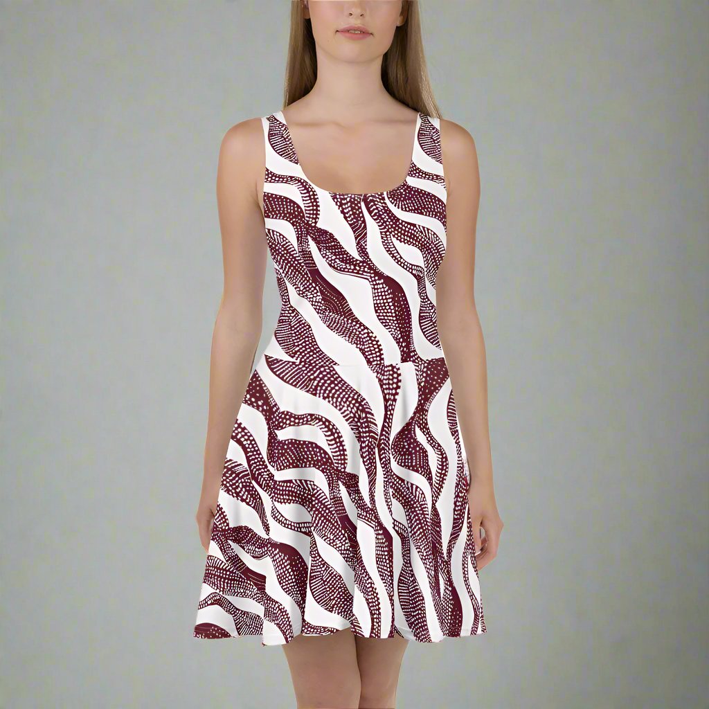 Chic Burgundy Wave Skater Dress featuring a bold wave pattern in burgundy on white