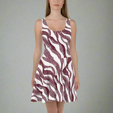 Chic Burgundy Wave Skater Dress featuring a bold wave pattern in burgundy on white