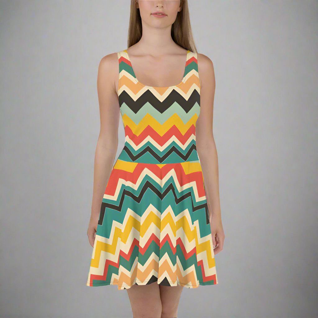 Womens chevron print sleeveless skater dress in vibrant colors.