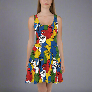 Sleeveless skater dress with colorful artistic faces print, featuring a flared skirt.