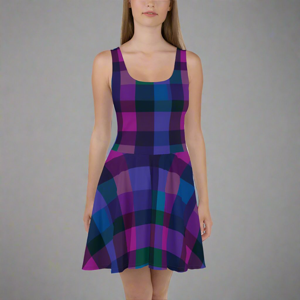 A model wearing a vibrant skater dress with a colorful tartan pattern in purple and teal.