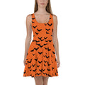 Orange Halloween skater dress with black bat print, sleeveless design.