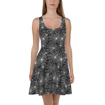 Sleeveless skater dress with a black spider web design, perfect for Halloween.