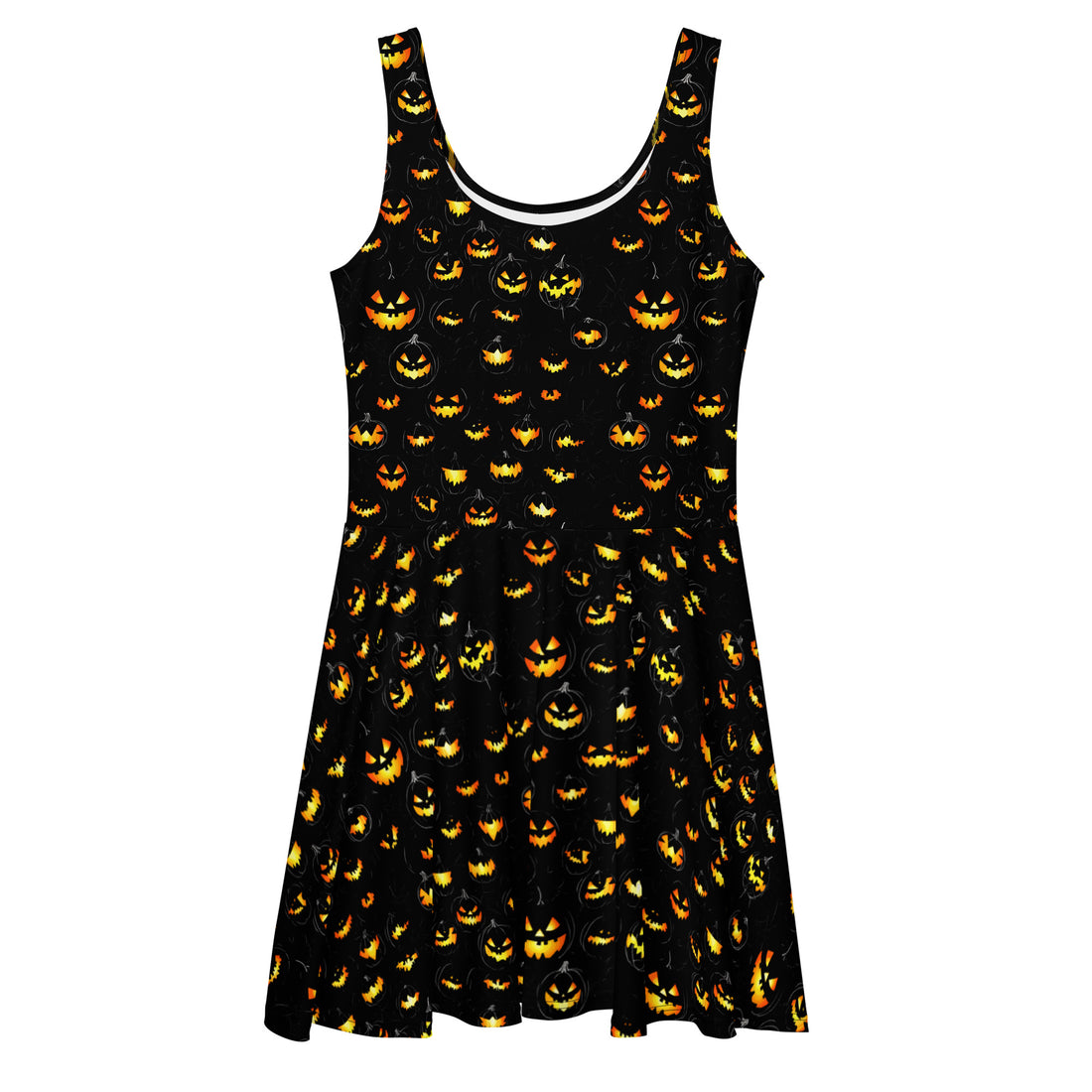 Halloween skater dress with a black background and colorful pumpkin print, perfect for festive parties.