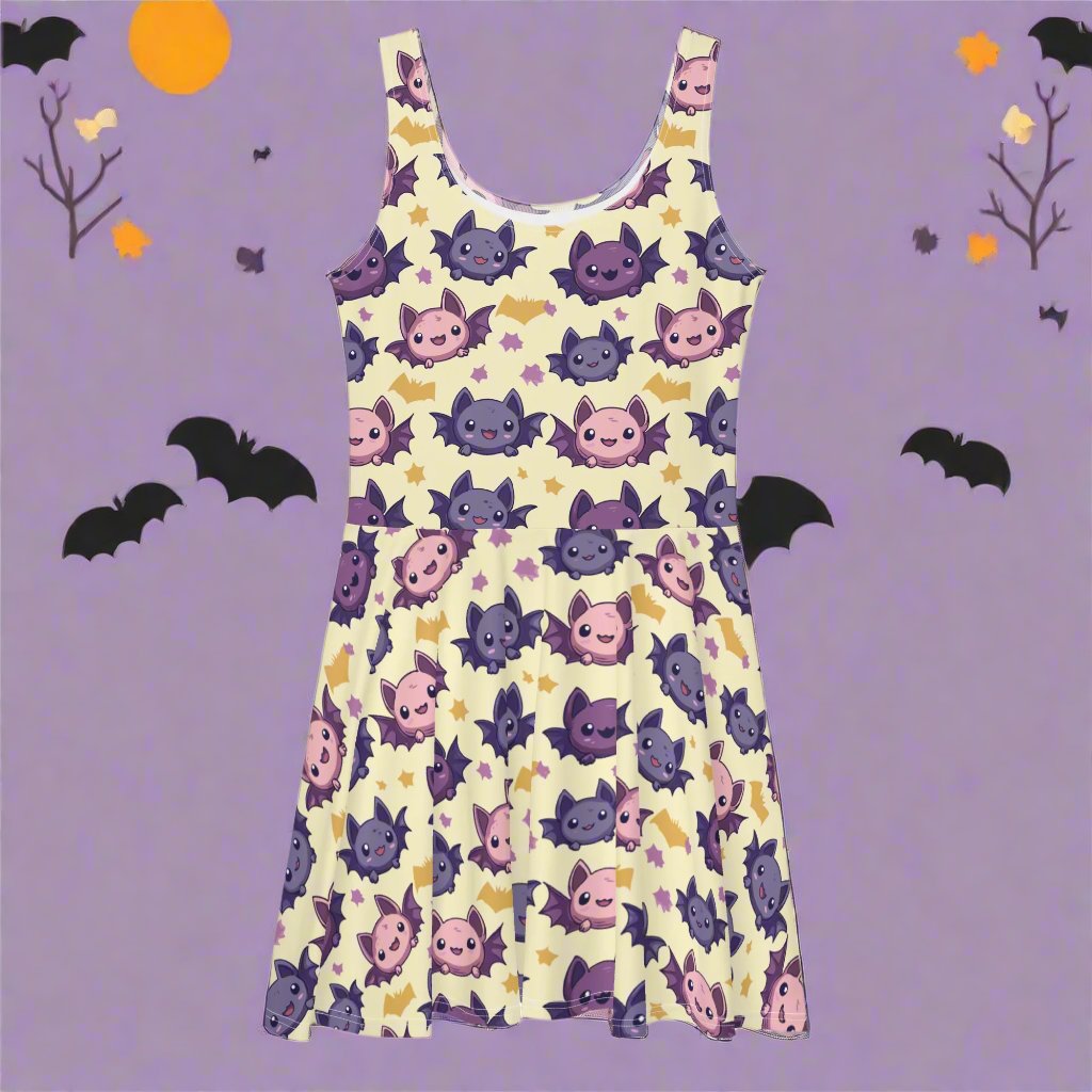 Halloween-Themed Skater Dress with Cute Bat and Ghost Print