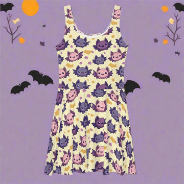 Halloween-Themed Skater Dress with Cute Bat and Ghost Print