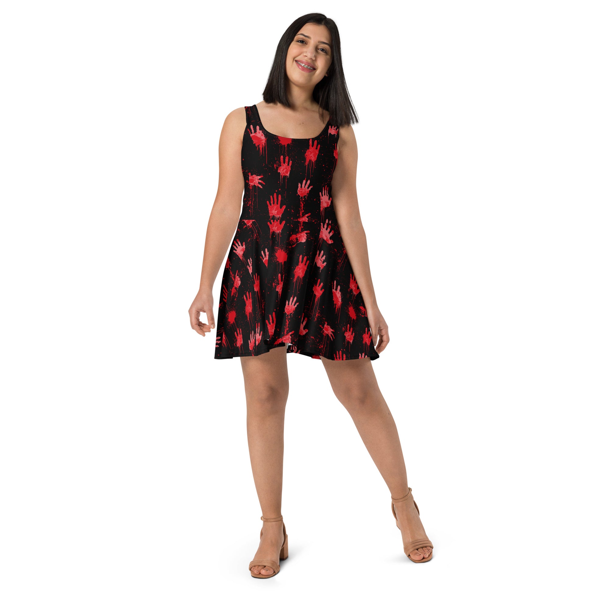 Halloween-themed sleeveless skater dress with black fabric and red hand prints, stylish flared skirt.