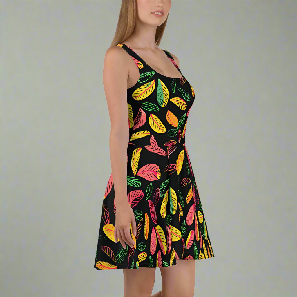 Vibrant Leaf Print Skater Dress