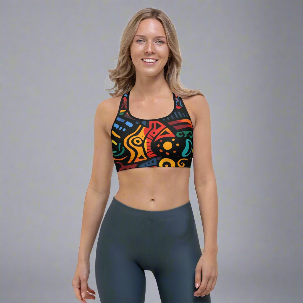 Vibrant Graphic Sports Bra in multicolor design with a scoop neckline and racerback.