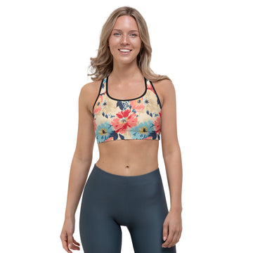 A vibrant sports bra with a coral, beige, and blue floral design, moisture-wicking fabric, ideal for winter activities.