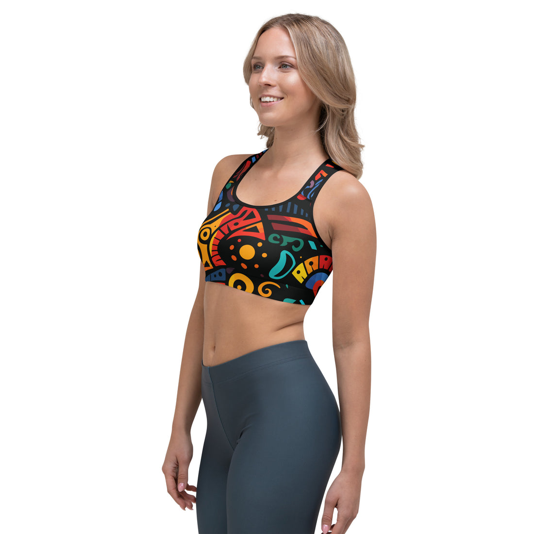 Vibrant Graphic Sports Bra in multicolor design with a scoop neckline and racerback.