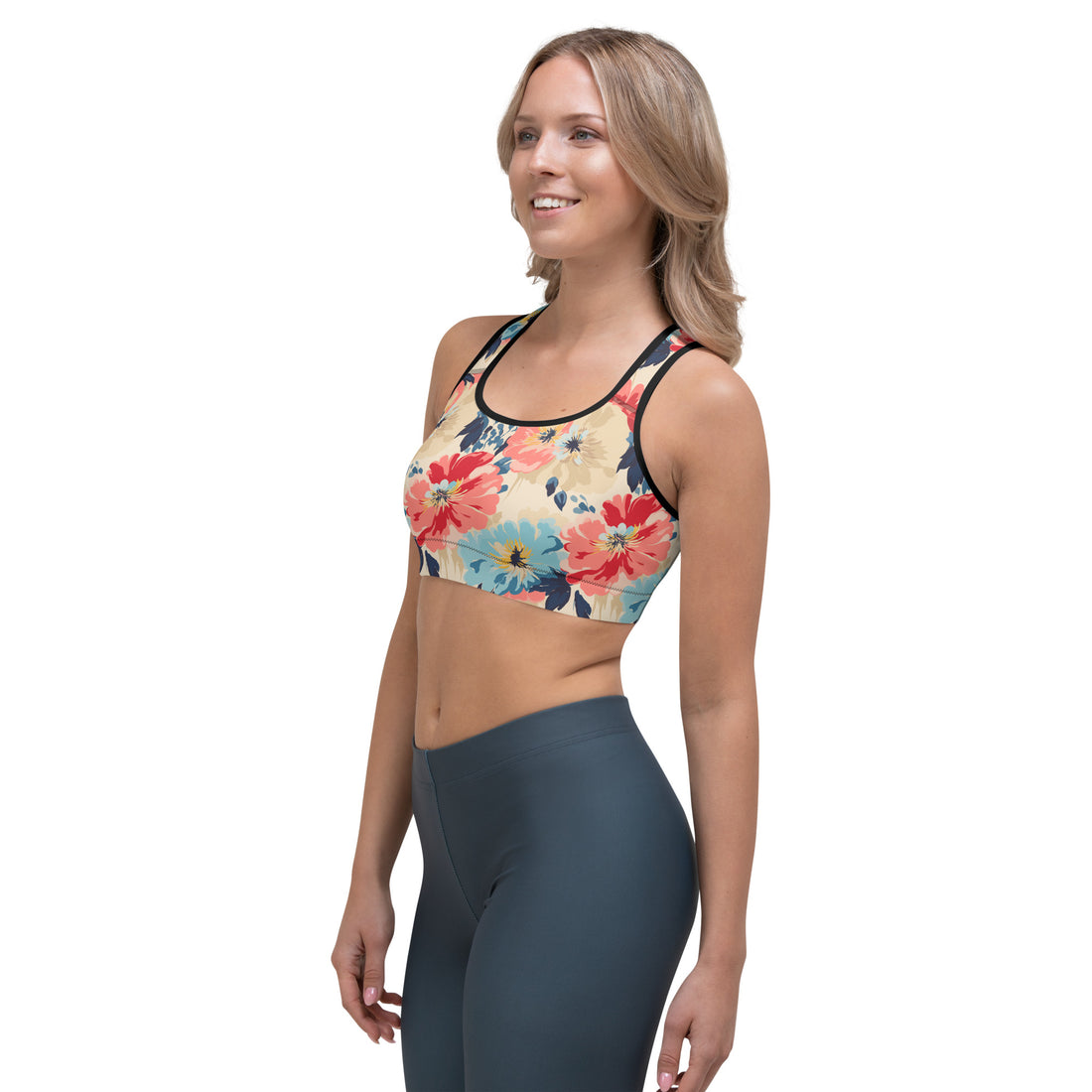 A vibrant sports bra with a coral, beige, and blue floral design, moisture-wicking fabric, ideal for winter activities.