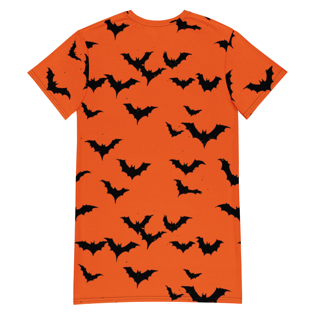 Women's oversized Halloween bat print t-shirt dress in orange with black bats.