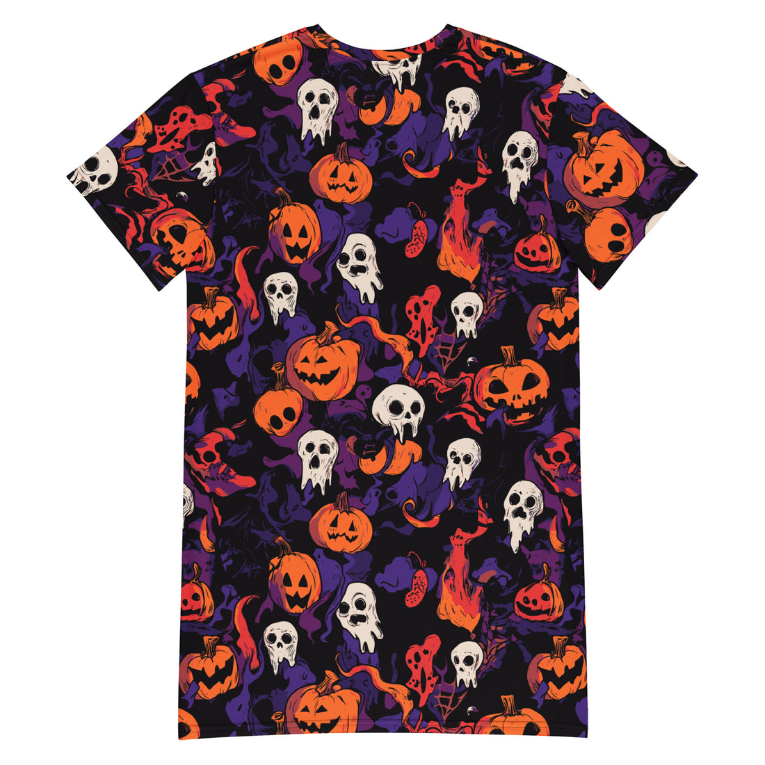 Halloween graphic T-shirt dress with pumpkins and skulls, vibrant colors