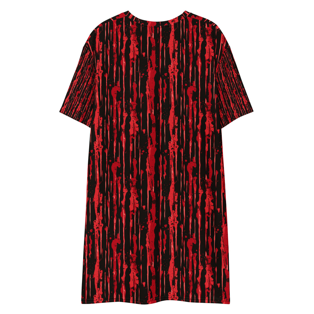 A woman wearing a red and black striped oversized t-shirt dress, perfect for Halloween.