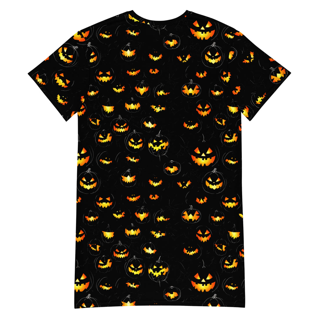 Spooky Chic Halloween T-Shirt Dress featuring vibrant pumpkin print on black fabric