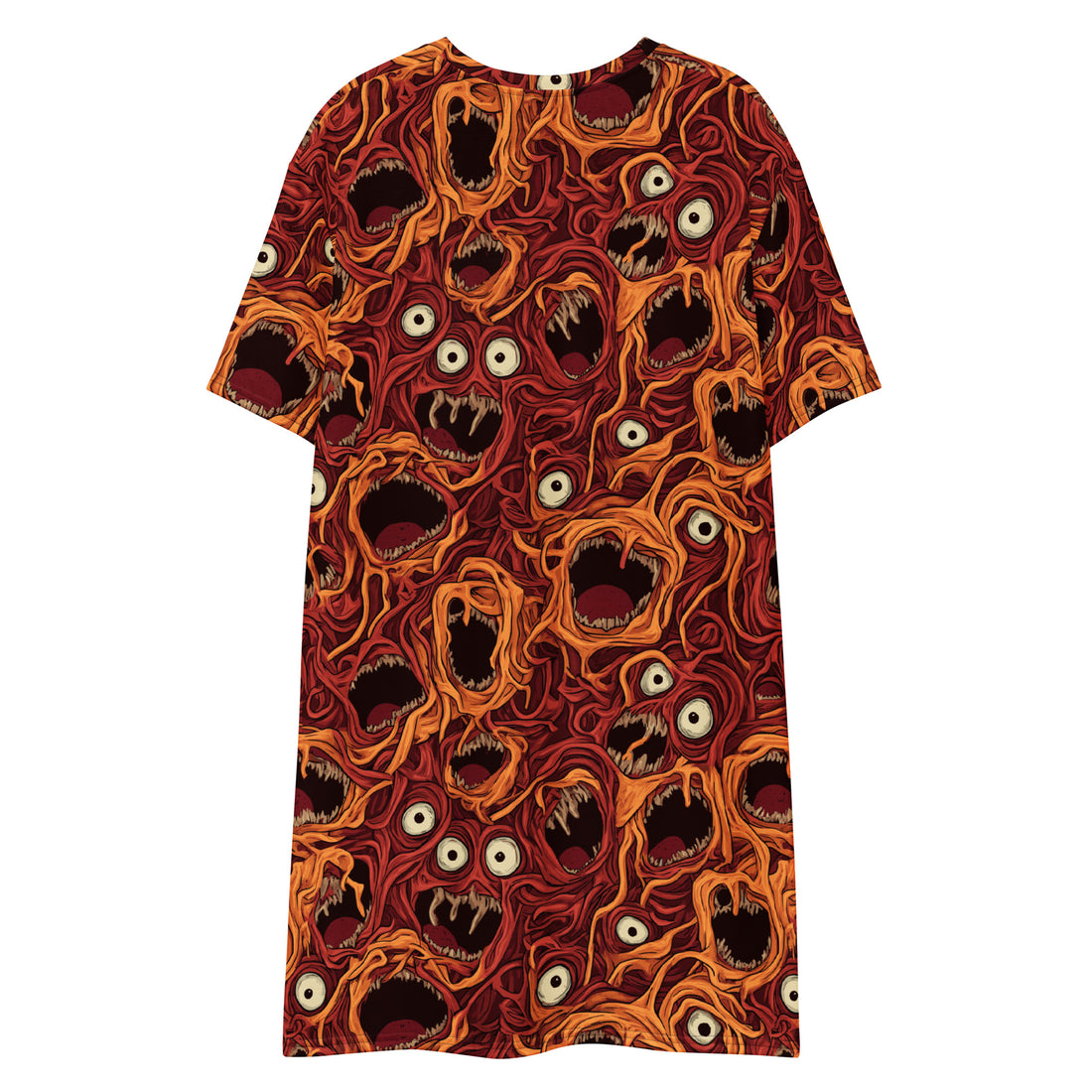 Spooky monster print t-shirt dress in vibrant colors, shown worn by a person with sneakers.