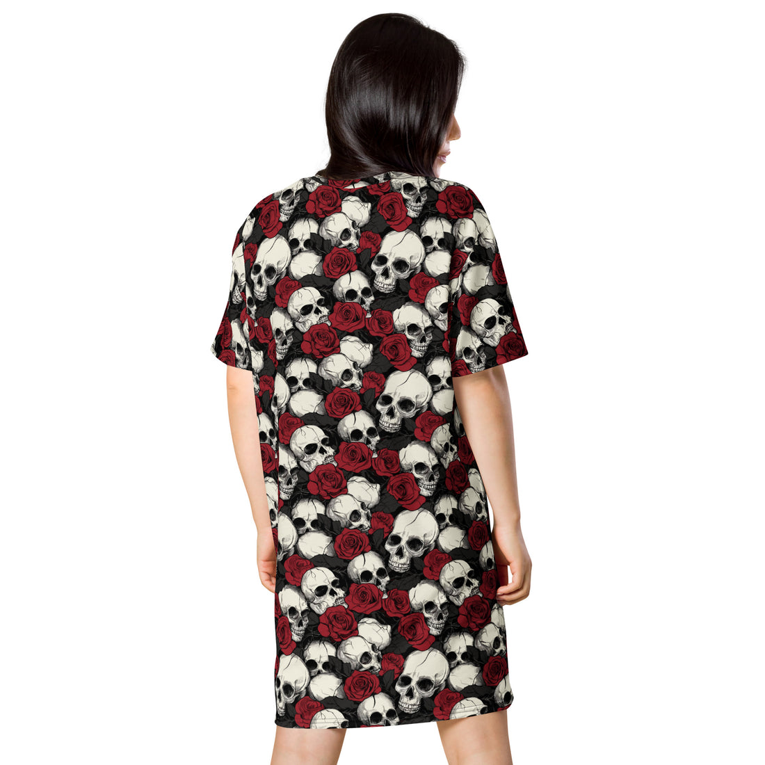 Skull and roses printed t-shirt dress, oversize fit for comfort and style.