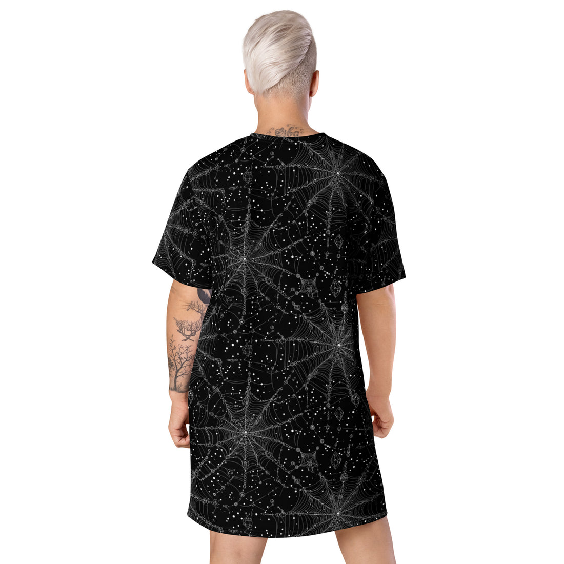 A black t-shirt dress featuring a spooky spiderweb print, perfect for Halloween.