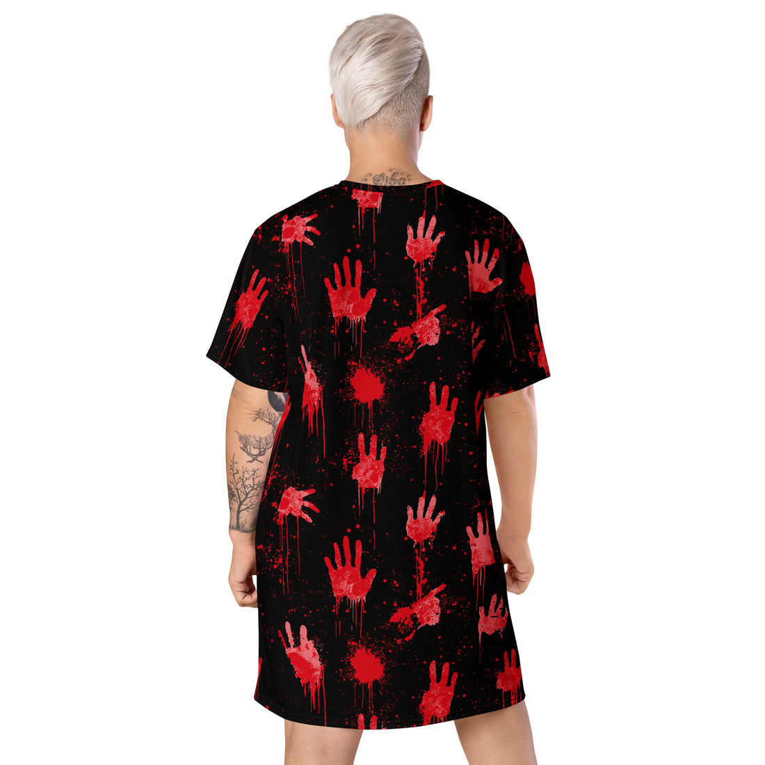 Halloween-themed T-shirt dress featuring a bloody handprint design on a black background.