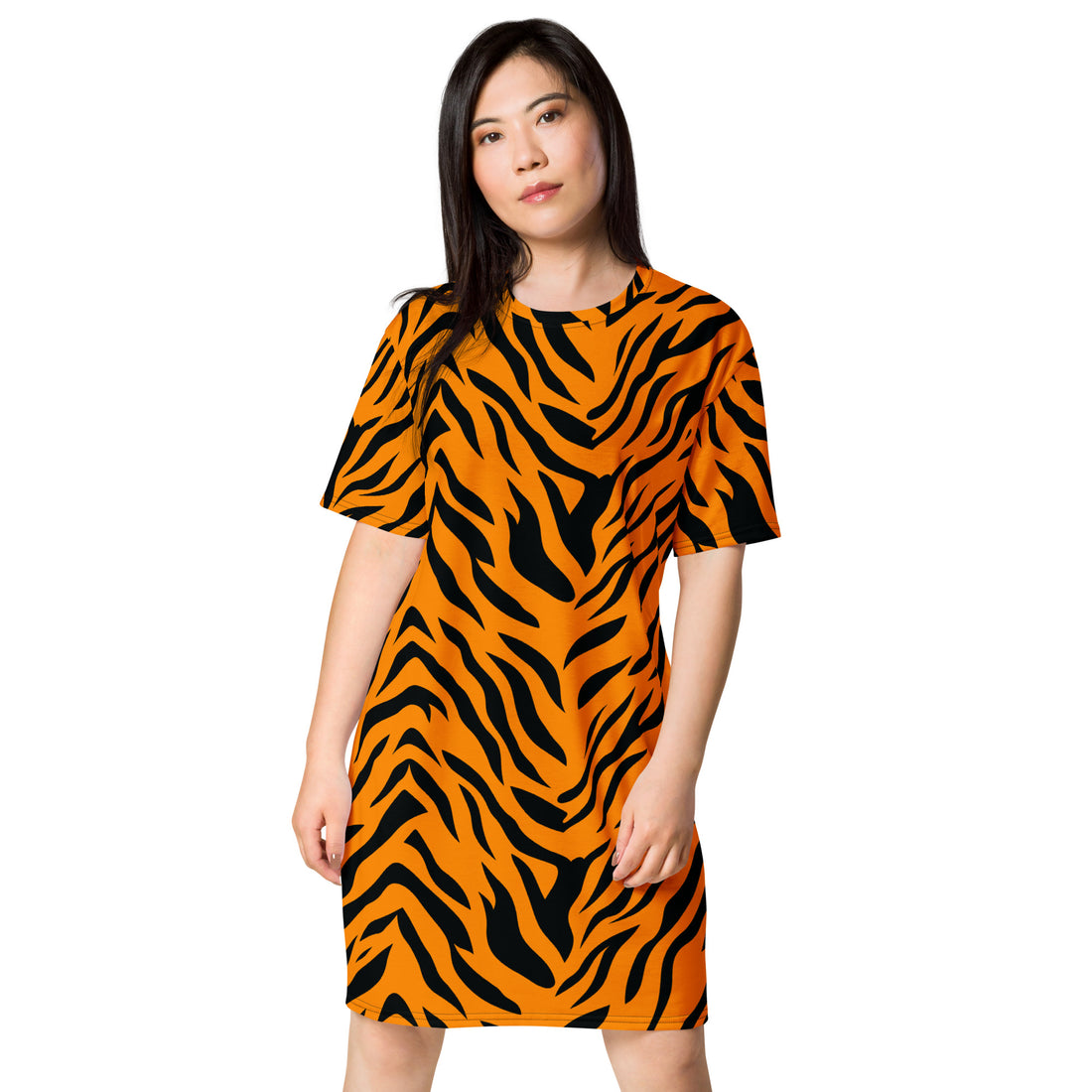 Orange and black tiger striped oversized T-shirt dress for women.