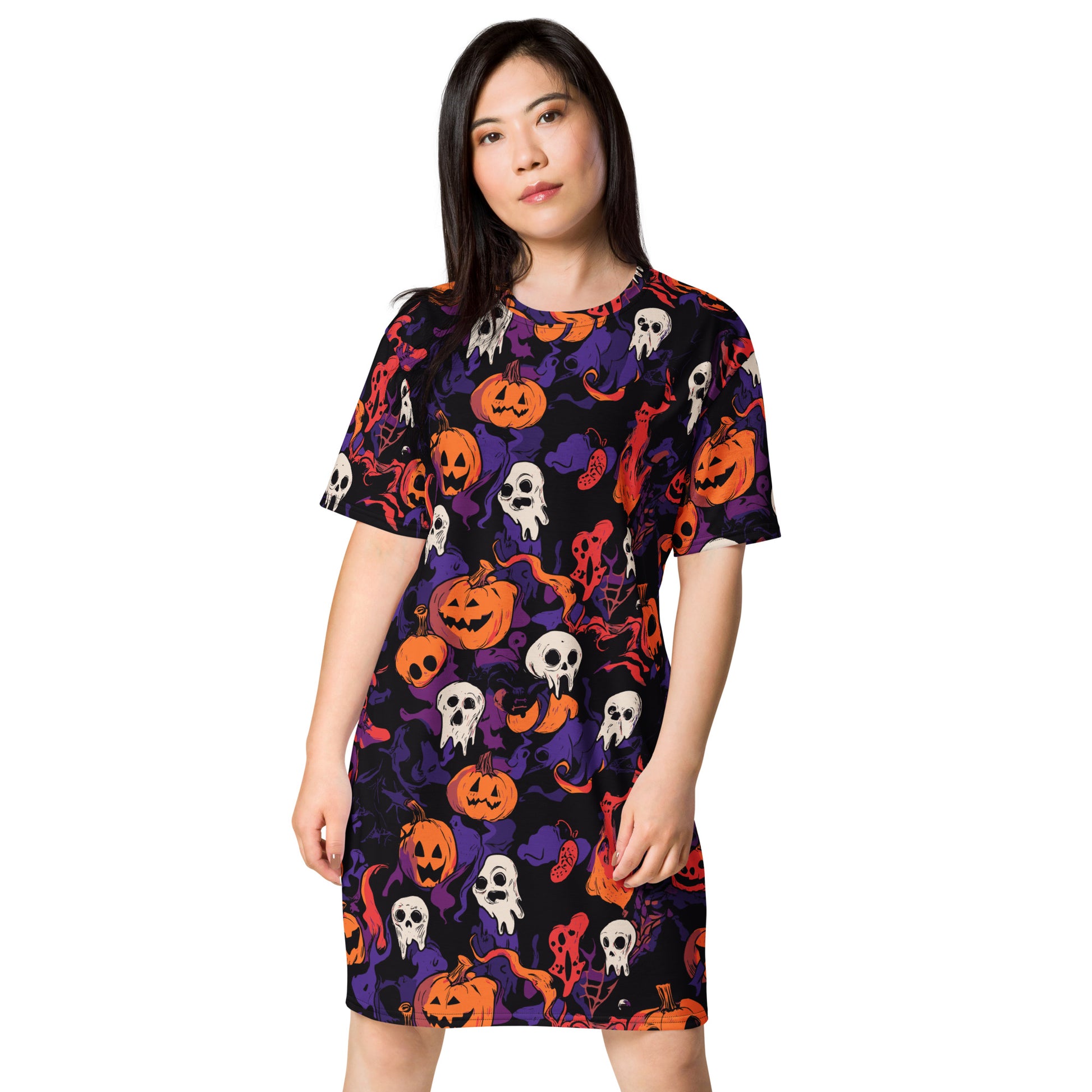 Halloween graphic T-shirt dress with pumpkins and skulls, vibrant colors