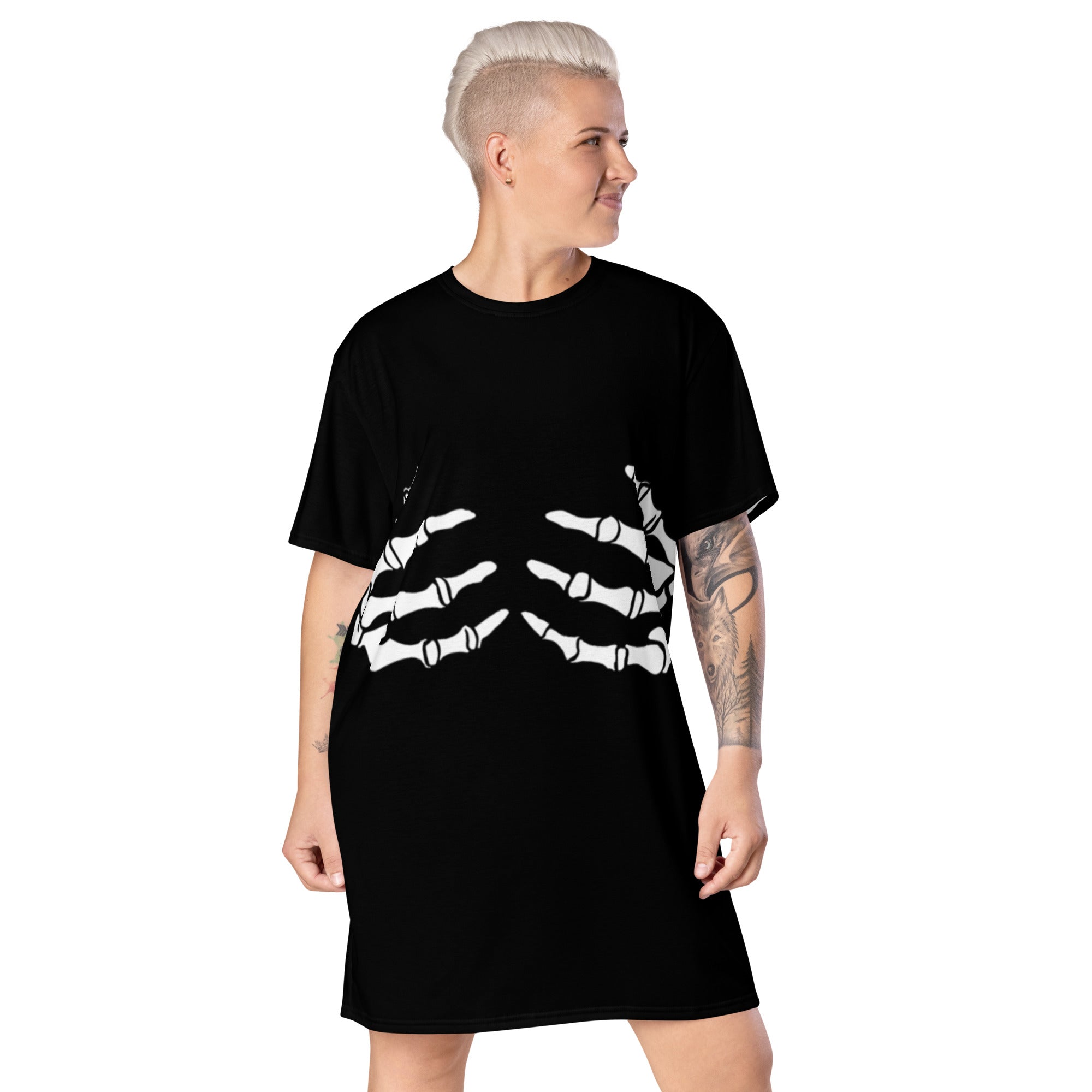 Black oversized t-shirt dress with spooky skeleton hands design.