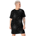 A black t-shirt dress featuring a spooky spiderweb print, perfect for Halloween.