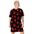 Halloween-themed T-shirt dress featuring a bloody handprint design on a black background.