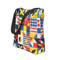 Vibrant geometric pattern tote bag with dual cotton handles, featuring colorful squares and shapes.